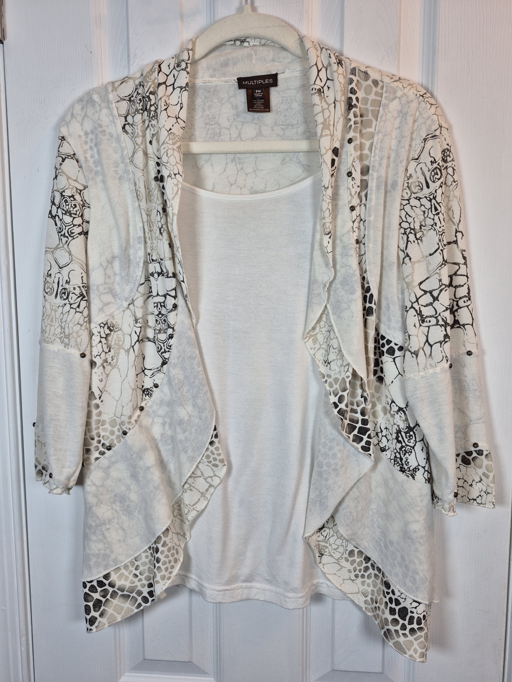 Multiples Boho Mixed Animal Print Draped Cardigan Set PM Petite M Spring Neutral